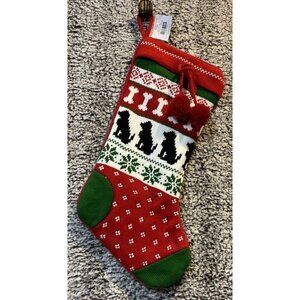 Christmas Stocking Knitted‎ Black Dog Red Green Fair Isle Bone NEW 17. 5 Inch